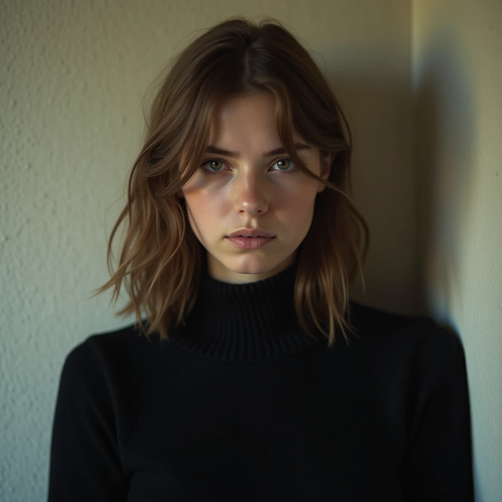 A photo of a young woman with a sad, contemplative expression, leaning against a light-colored wall. Her eyes are downcast, and her lips form a slight frown, conveying a sense of melancholy and introspection. Her light brown hair falls softly around her face, framing her somber expression. She wears a simple black sweater, and the soft lighting enhances the emotional depth of her face, highlighting the subtle tension in her features. The atmosphere is quiet and reflective, as if she is lost in thought or dealing with deep emotions