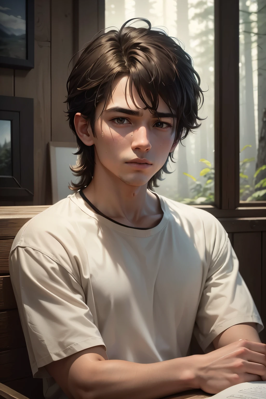 a 2 sad boy with brown short mullet hairstyle, sad and depressed and tired expression, wearing simple brown black and white clothes, portrait in a lost cabin in a forest, wild nature, (best quality,4k,8k,highres,masterpiece:1.2),ultra-detailed,(realistic,photorealistic,photo-realistic:1.37),HDR,UHD,studio lighting,ultra-fine painting,sharp focus,physically-based rendering,extreme detail description,professional,vivid colors,bokeh