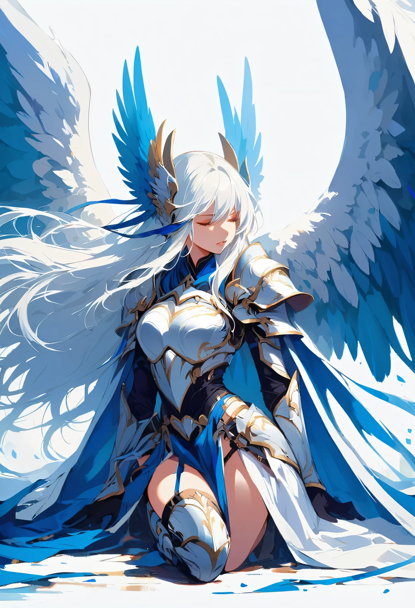 1girl angel angel_wings armor feathers_Long wing feathers_Hair Shoulder Armor Shoulder_Armor single piece_Upper wing separation_The body is white_Theme blue_Wings Wings Leg Armor