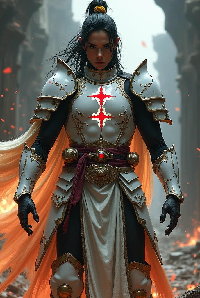Male age 35, latin, black hair, yellow lock, deep sight, white plate armor, armor breastplate with a pair four-pointed red stars, a gold belt buckle with fire crystal, black leotard, plate belt, plate wristband, armor boots with red flames, cyberpunk japanese style, athletic strong, magic powers, action, black cat nails, crazy pose, dark ruins backgroud, full body