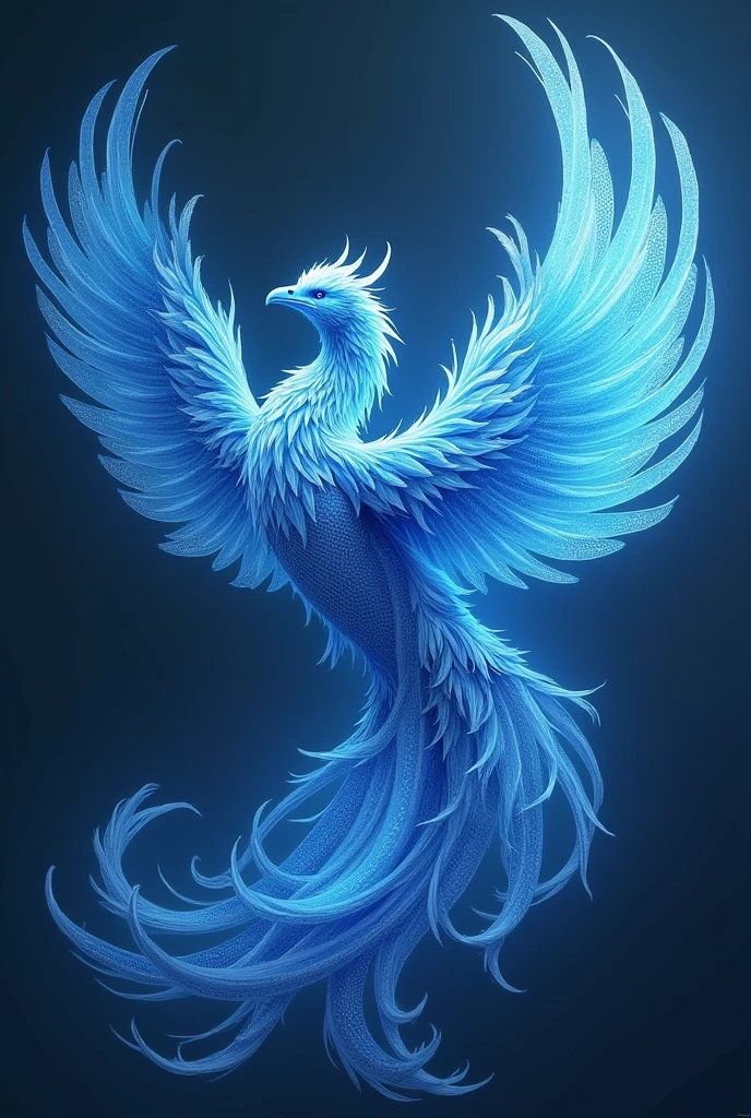 blue fantasy phoenix with full body and no background, FULL IMAGE PLEASE INCLUDE WHOLE BODY INCLUDING THE WINGS, flying side ward. make it like a fantasy phoenix like its a magical creature , MORE MAGIC