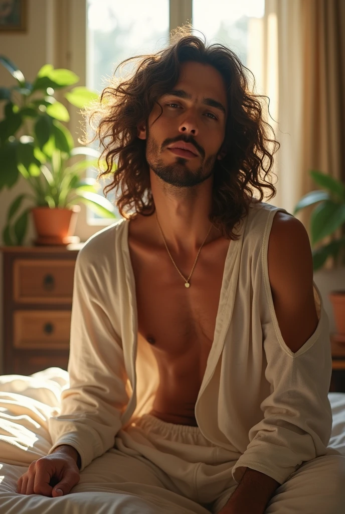 (photorealism:1.2), beautiful man, sitting on bed, wearing loose off-shoulder top, pajama pants, long curly hair, indoors, soft lighting, plants in background, window with sunlight, cozy room, relaxed pose, realistic, intricate details, warm colors, by Greg Rutkowski, by Alphonse Mucha