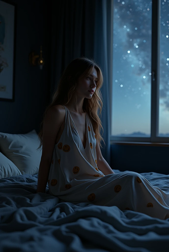 (photorealism:1.2), beautiful woman, siting on bed wearing night maxi dress cover neck to dress use fon with smily face background black colour bed room right side window starry sky and moon long hairs