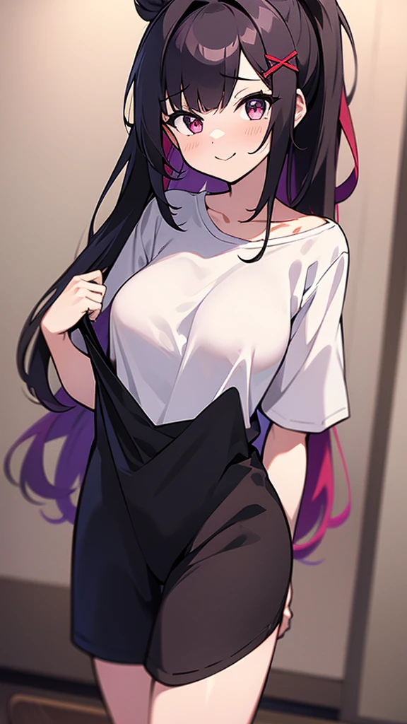 High tail hairstyle, two Ponytail hairstyle, Ponytail hairstyle, Long wavy black hair, standing posing, anime girl style, pixel art anime style,penetrating look with deep eyes,red and purple eyes, hair with a ponytail hairstyle trapped with a big red bun, women, red hair clips, x color shaped hair clips , smiling face blush, next to his bed, Skirt, tank top, Black hair, big thighs, NSFW, Skirt fluttering in the wind, perfect panty, from below, viento levantando su Skirt haciendo que se le vea el panty, hands in fist , Skirt fluttering in the wind, Skirt levantada, black fur 