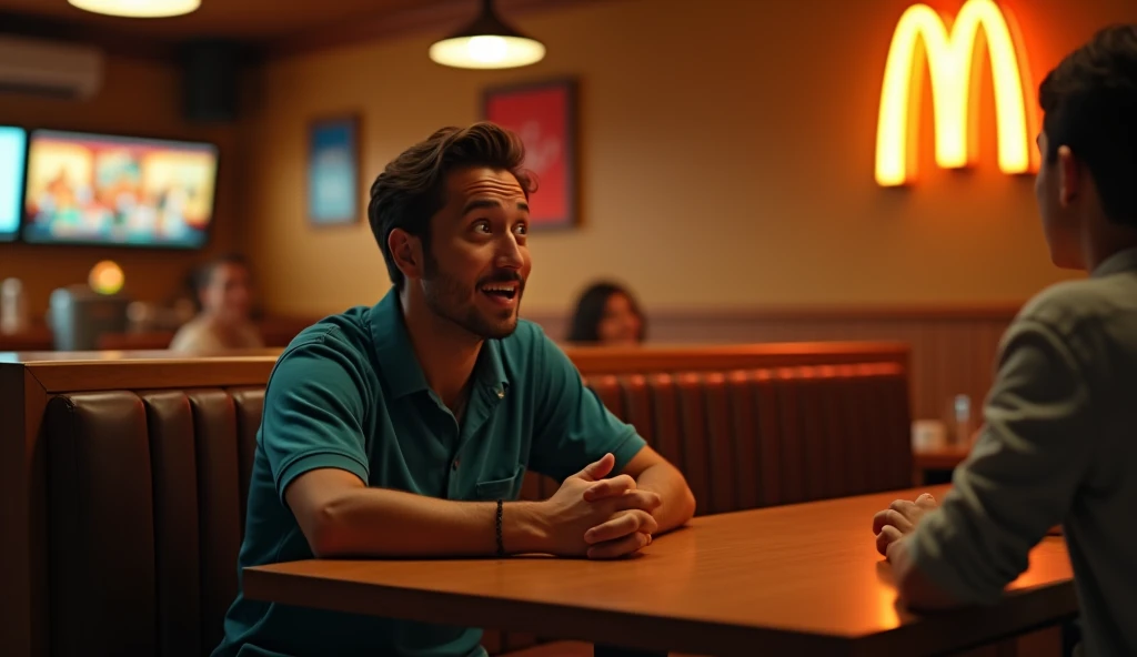 (masterpiece, best quality, ultra-detailed:1.3), (high-contrast, 8K HD:1.2), (realistic lighting, cinematic atmosphere), A Wack restaurant commercial, featuring two individuals sitting on chairs. The scene focuses on the man who is seated, showing his surprised and intrigued expression as he looks across the table at the other person. The room is lit with warm, inviting lighting, highlighting the Wack logo, which resembles a "W" similar to the McDonald's logo. The man’s expression is the focal point, capturing a mix of surprise and curiosity. Background elements are minimal to keep the attention on the interaction between the two individuals.