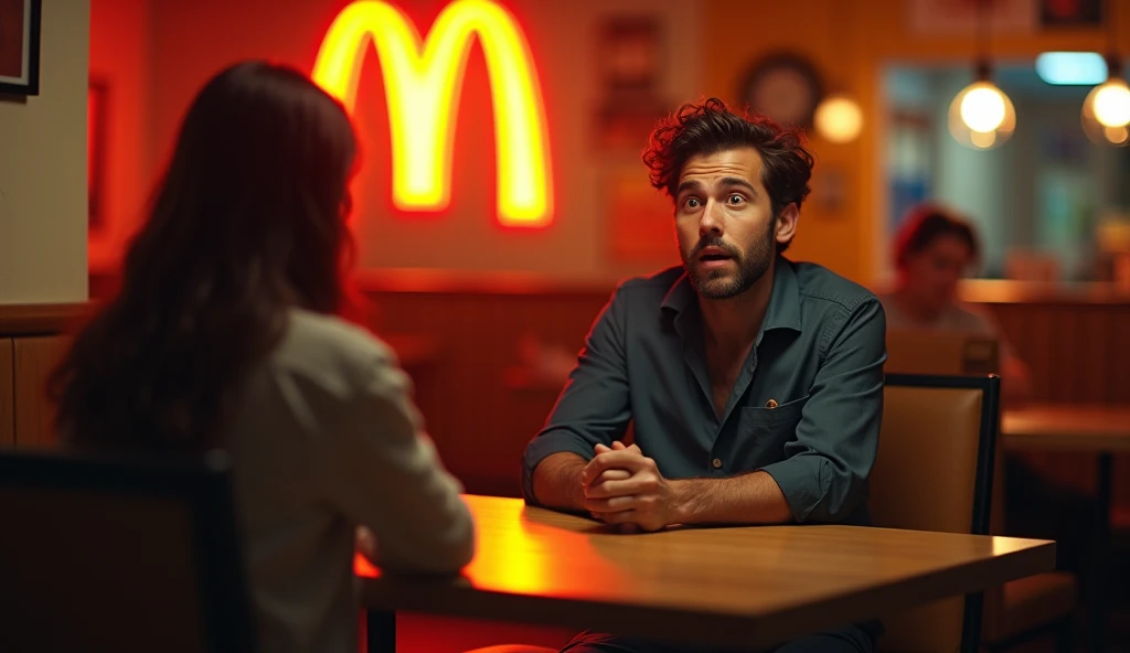 (masterpiece, best quality, ultra-detailed:1.3), (high-contrast, 8K HD:1.2), (realistic lighting, cinematic atmosphere), A Wack restaurant commercial, featuring two individuals sitting on chairs. The scene focuses on the man who is seated, showing his surprised and intrigued expression as he looks across the table at the other person. The room is lit with warm, inviting lighting, highlighting the Wack logo, which resembles a "W" similar to the McDonald's logo. The man’s expression is the focal point, capturing a mix of surprise and curiosity. Background elements are minimal to keep the attention on the interaction between the two individuals.