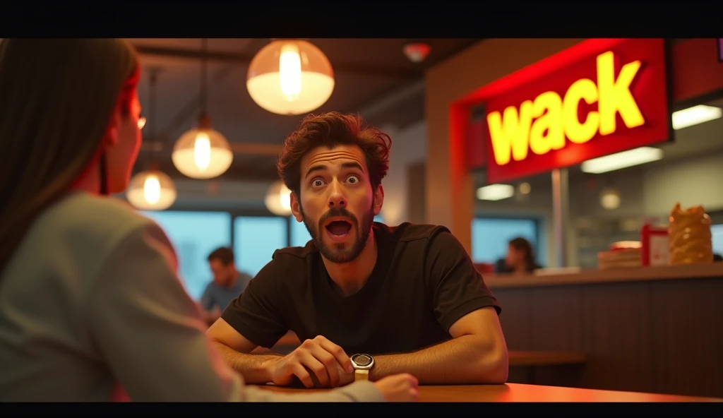 (masterpiece, best quality, ultra-detailed:1.3), (high-contrast, 8K HD:1.2), (realistic lighting, cinematic atmosphere), A Wack restaurant commercial, featuring two individuals sitting on chairs. The scene focuses on the man who is seated, showing his surprised and intrigued expression as he looks across the table at the other person. The room is lit with warm, inviting lighting, highlighting the Wack logo, which resembles a "W" similar to the McDonald's logo. The man’s expression is the focal point, capturing a mix of surprise and curiosity. Background elements are minimal to keep the attention on the interaction between the two individuals.