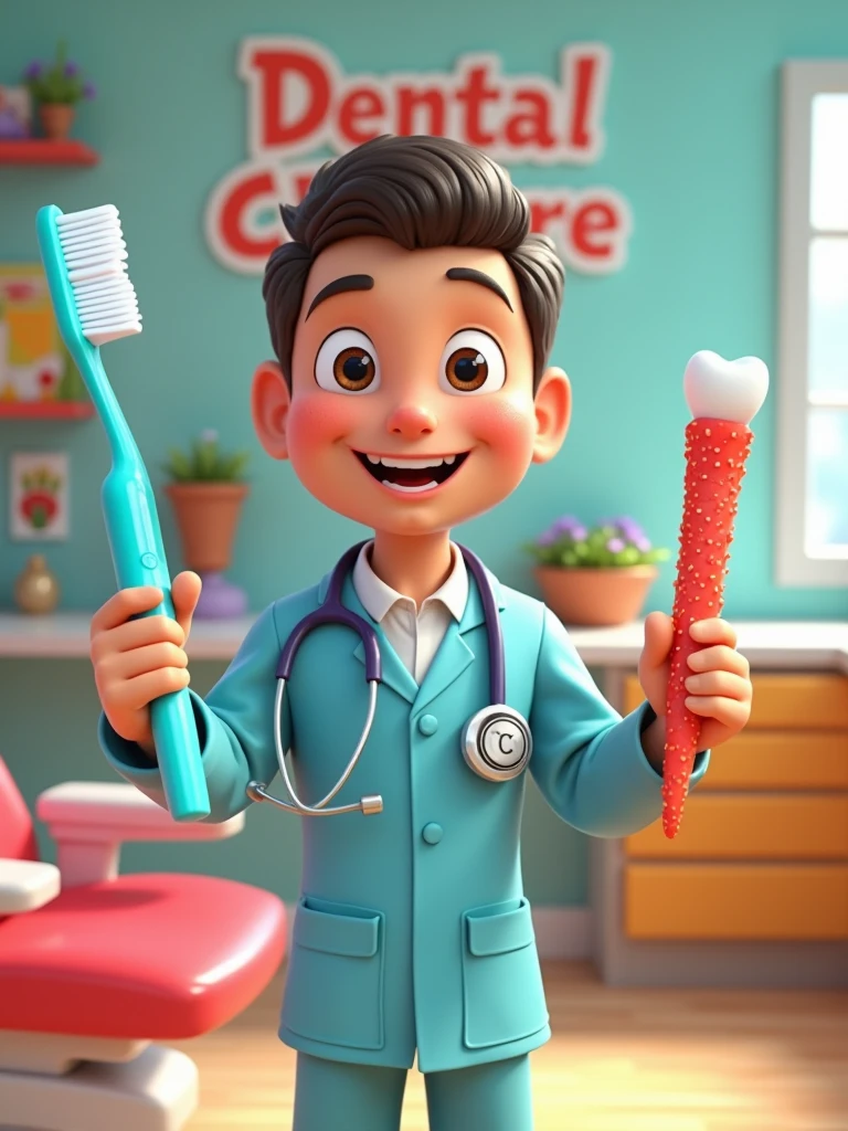 Create for the 3D Avatar Pixar Disney character from a friendly dentist for children's and adult videos called 'Dental Care Clinic'. The dentist must have a cheerful expression, large eyes and no round glasses and a warm smile. Your hair should be short and well. He uses bright blue exfoliations with a stethoscope around his neck and is portrayed with fun exaggeration, including large sparkles in a vibrant red color. The background presents a fun and inviting dental office, complete with a colorful dentist chair, bright healthy tooth posters on the walls and a small shelf full of toys with dental themes. The 'Dental Care Clinic' plate is featured with prominence. The dentist is holding a giant toothbrush in one hand and the other hand holding toothpaste