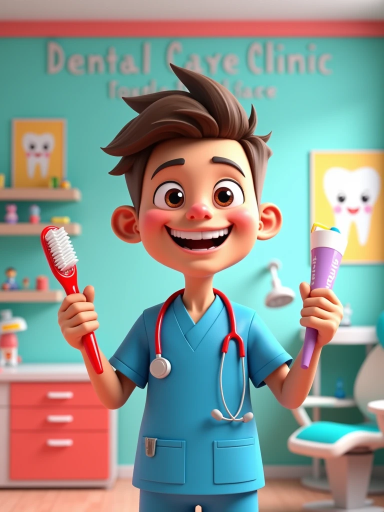 Create for the 3D Avatar Pixar Disney character from a friendly dentist for children's and adult videos called 'Dental Care Clinic'. The dentist must have a cheerful expression, large eyes and no round glasses and a warm smile. Your hair should be short and well. He uses bright blue exfoliations with a stethoscope around his neck and is portrayed with fun exaggeration, including large sparkles in a vibrant red color. The background presents a fun and inviting dental office, complete with a colorful dentist chair, bright healthy tooth posters on the walls and a small shelf full of toys with dental themes. The 'Dental Care Clinic' plate is featured with prominence. The dentist is holding a giant toothbrush in one hand and the other hand holding toothpaste