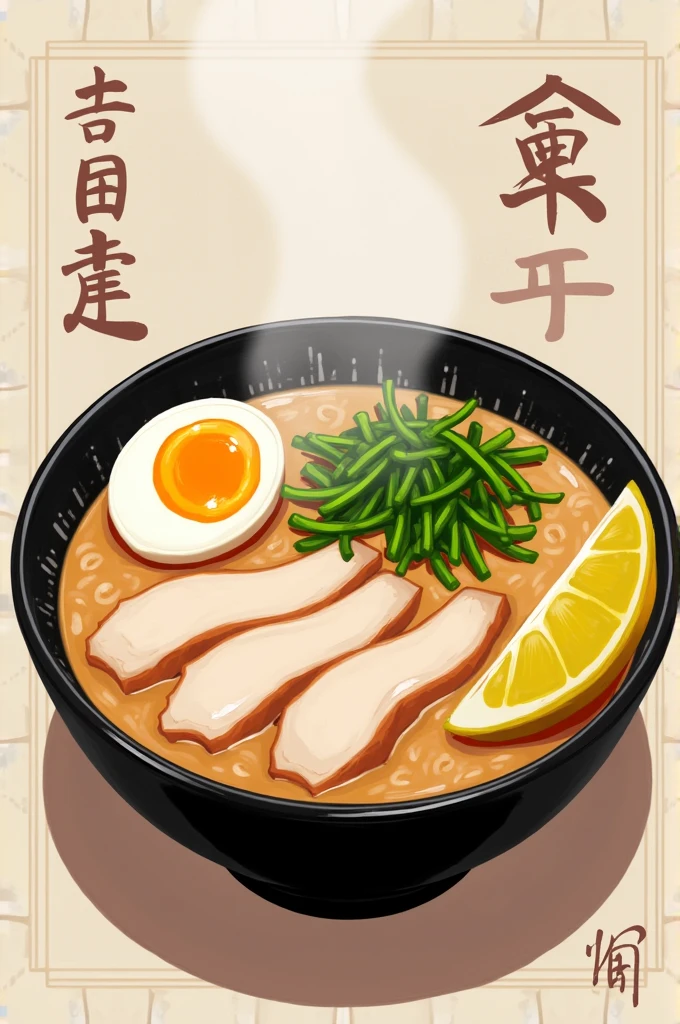 "Create a 2D illustration of a delicious bowl of ramen in a black bowl with authentic Japanese style. The ramen should have a creamy broth with slices of tender chicken, two perfectly soft-boiled eggs cut in half, nori (seaweed) sheets, fresh green onions, and a lemon wedge on the side. The style should reflect traditional Japanese culinary art, with a clean and visually appealing presentation. Pay attention to the textures of the broth, the softness of the eggs, and the freshness of the ingredients. Incorporate subtle Japanese design elements, like minimalistic patterns or brushstroke textures in the background, while keeping the focus on the ramen bowl."