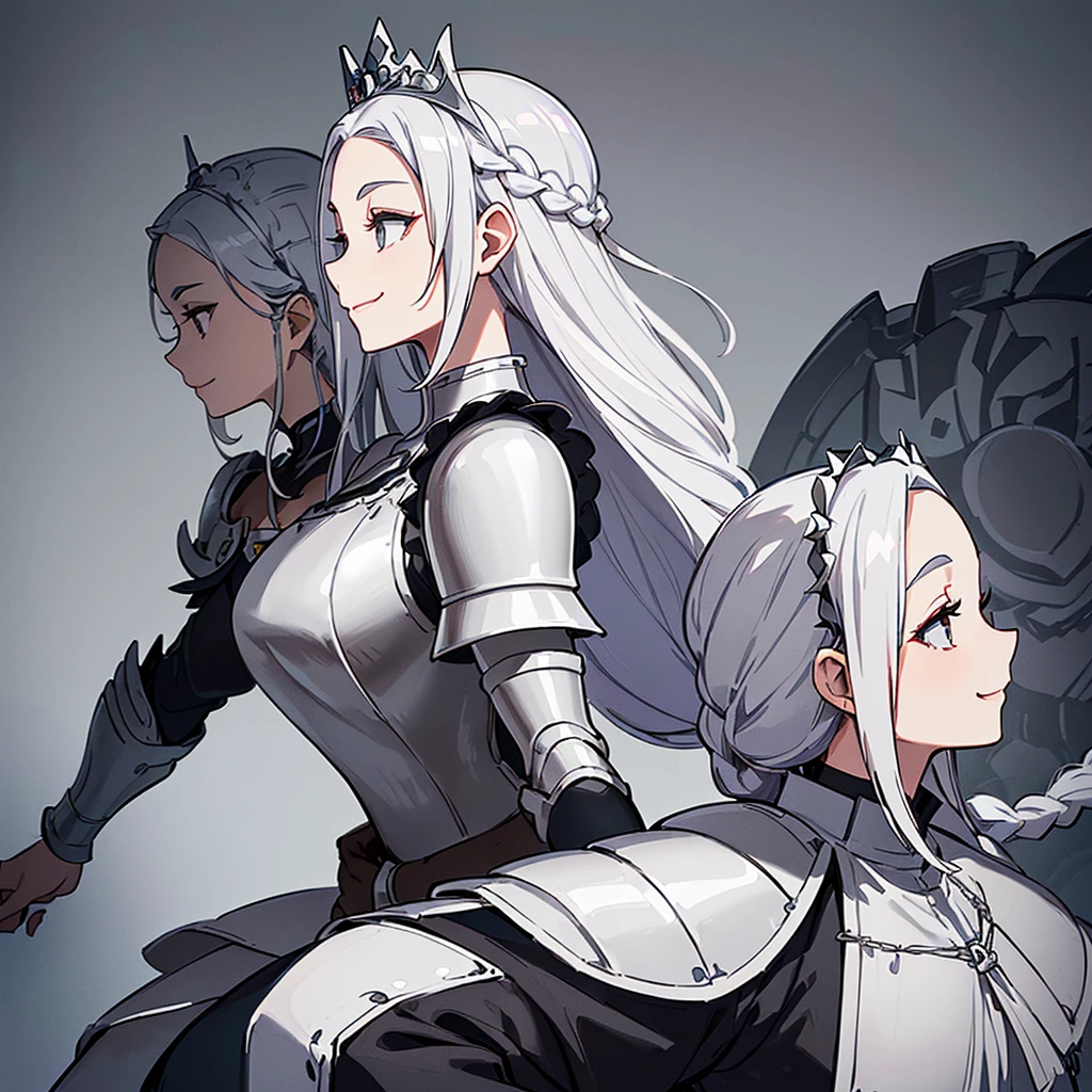 (((Solo)))、Highest quality, Best Quality、middle ages、(((Gray simple armor、Black trousers))、(Mature Woman、Mother、40 years old)、(White Hair、Middle Reason、Does not touch the forehead、Dumpling、Braid)、(smile)、(princess、Queen of the West)、(Gorgeous dress、Shoulder)、tiara、(From the side、profile)