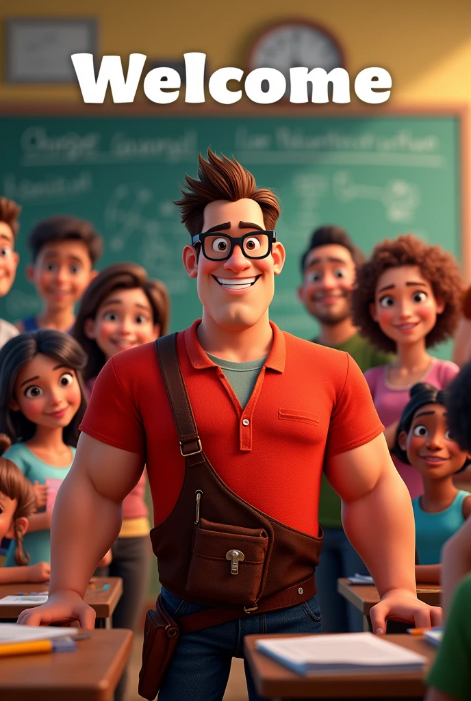 Create a Wreck-It Ralph movie cover as a happy teacher with glasses with his students behind him in a classroom. At the top it should say WELCOME and at the bottom it should be the text Profe Diego in Spanish