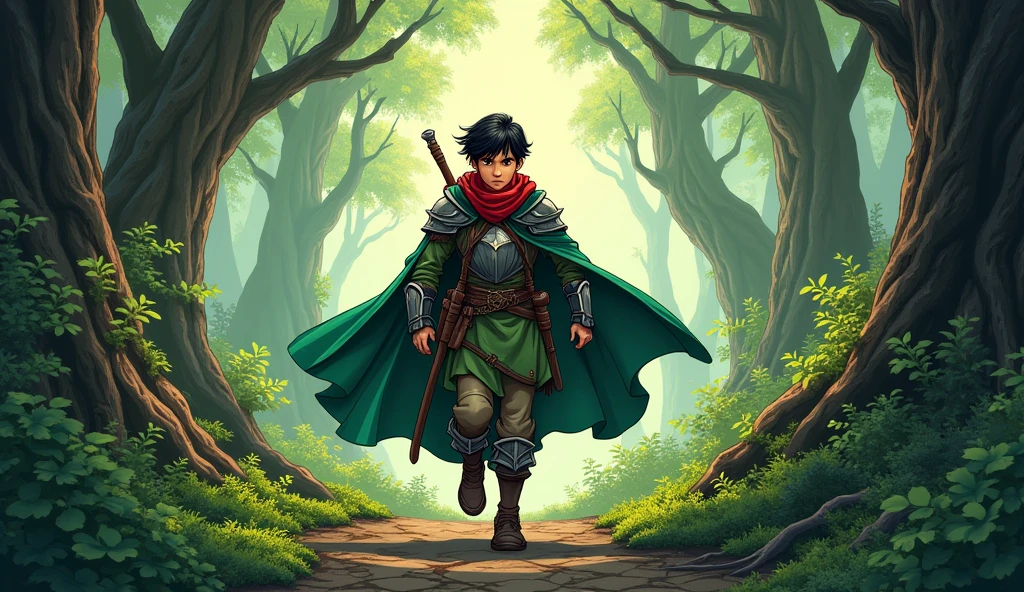 Comic style. Arav, still a young adult warrior, with short black hair tied back, walks through a dense, ancient forest. He wears a green cloak over his traditional armor, with his red scarf visible around his neck. His face shows determination, his dark brown eyes focused ahead, maintaining the same youthful yet resolved appearance.