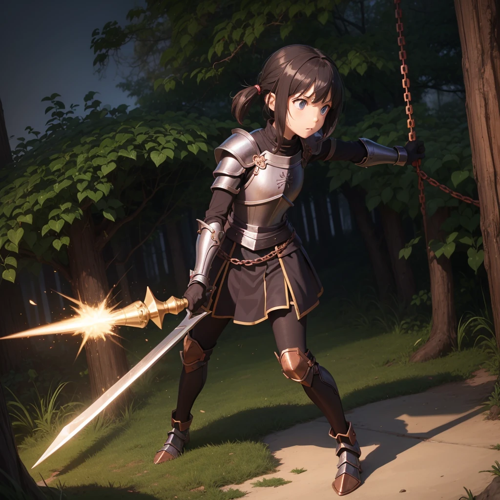 最high quality、high quality、Simple Cloth Armor、１０Year-old girl adventurer、Equipped with a weapon that has a short chain at the end of a stick and a spiked iron ball at the end of the chain、In a dark maze、Copper armor