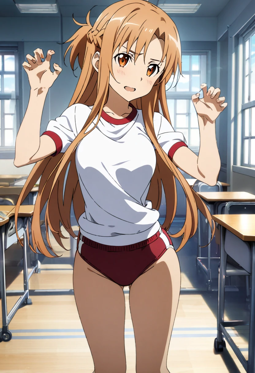 1girl, asuna \(sao\), sword art online,full body,((Sexy)),claw pose,gym uniform, gym shirts, white t-shirts, ((buruma)),class room,masterpiece, best quality, absurdres,