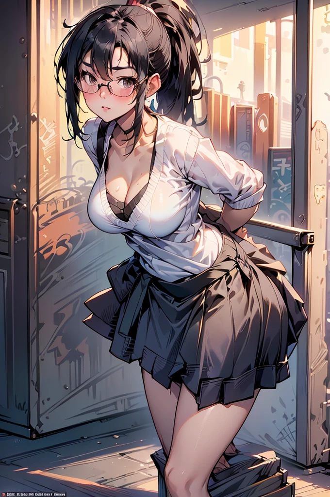 Anime girl walking down the street in a short skirt and glasses, (Waist Stretch),a hyperRealistic , Gwaiz, hyperRealistic , Realistic , (SFW) Safe at Work, , artwork in the style of Gwaiz, chic, Beautiful anime girl crouching, high school girl, Anime Moe Art Style, Enchanting anime girl,(masterpiece), (One serious civil service commissioner: 1.3), (Super thick and plump body: 1.3), (Huge breasts and buttocks)), (Small Head: 1.2), (Very small uniform)), (Shiny skin: 1.2), (A speech while crouching in the stands in the schoolyard in the morning)), {fat},1boy, penis, doggystyle, from behind, spreadassms, chubby body, fat body, short,ultra detailed, masterpiece, best quality, blush, a woman, rolling eyes, open mouth, school girl, wearing , wearing glasses, classroom, sunset, light particles, hdr, brown grey hair, midium wavy hair, shiny hair, bang, single braid, clear grey eyes, Smiling Kiss, Tongue Out, アニメ ,orgasm face, sexual climax, bitch, back shot, back view, low angle, from below, back view, arched back, looking back, all fours, chubby body, BIG ASS , saliva, BBW, slender waist, anal, seiza, hands on head,white eyes, Hand Drawn, Showing Ass, Bobcut, Knee socks, (Super thick and plump body: 1.3), Butt sticking out, Close your legs, seiza, spread legs, pleated skirt, Stretch your arms back, long pleated skirt, I can't see your butt, Buttocks hide, Arms folded behind back, Super big butt, Awesome numbness , Plump , Chubby, Butt sticking out,