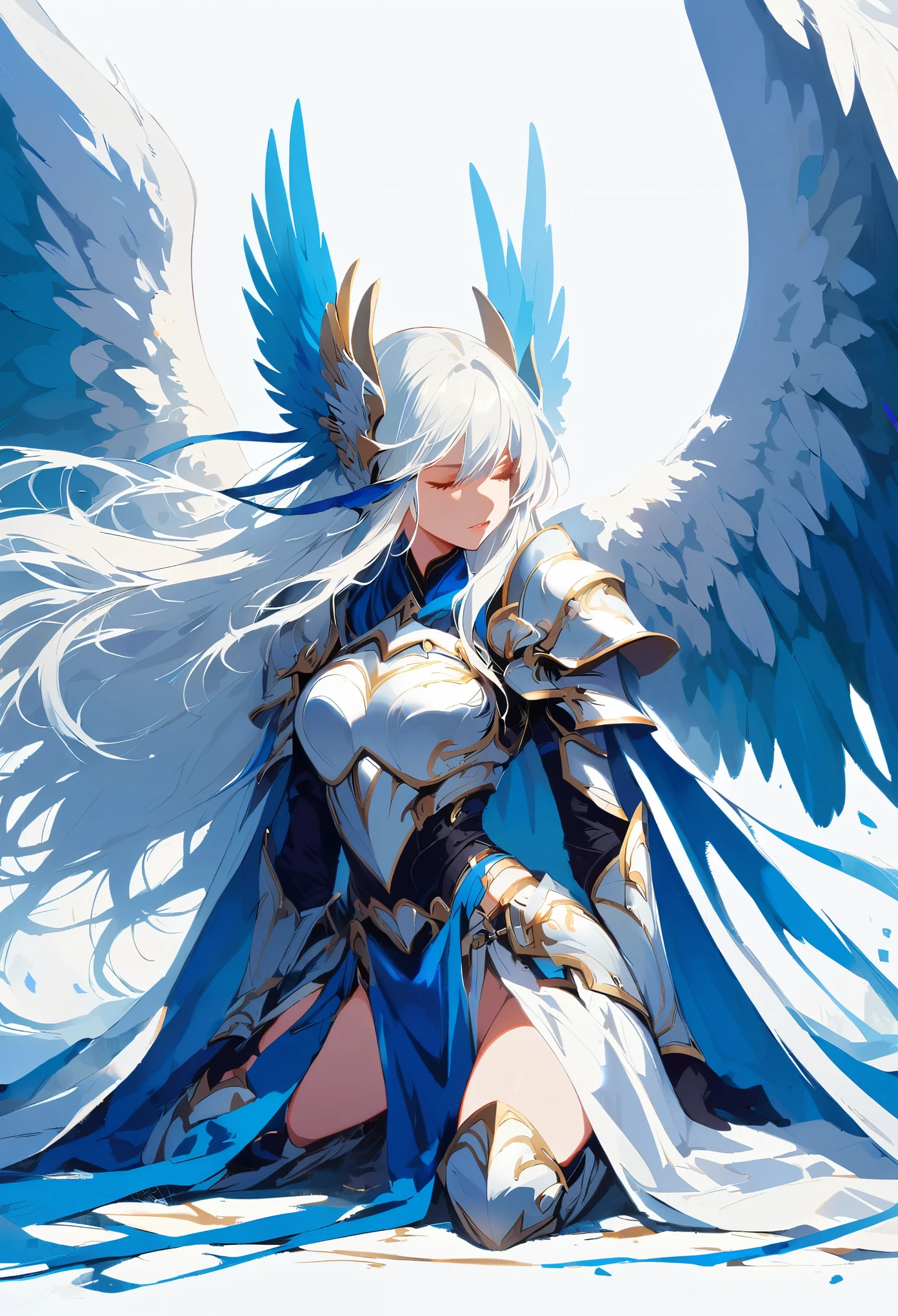 1girl angel angel_wings armor feathers_Long wing feathers_Hair Shoulder Armor Shoulder_Armor single piece_Upper wing separation_The body is white_Theme blue_Wings Wings Leg Armor