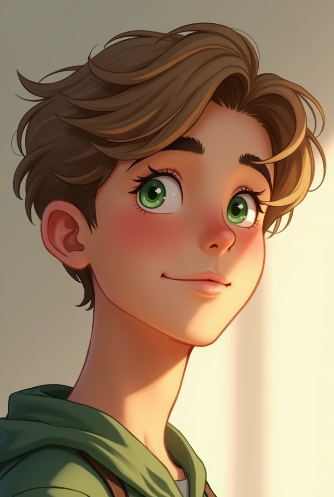 Male teenager with short wavy golden brown hair and light green eyes