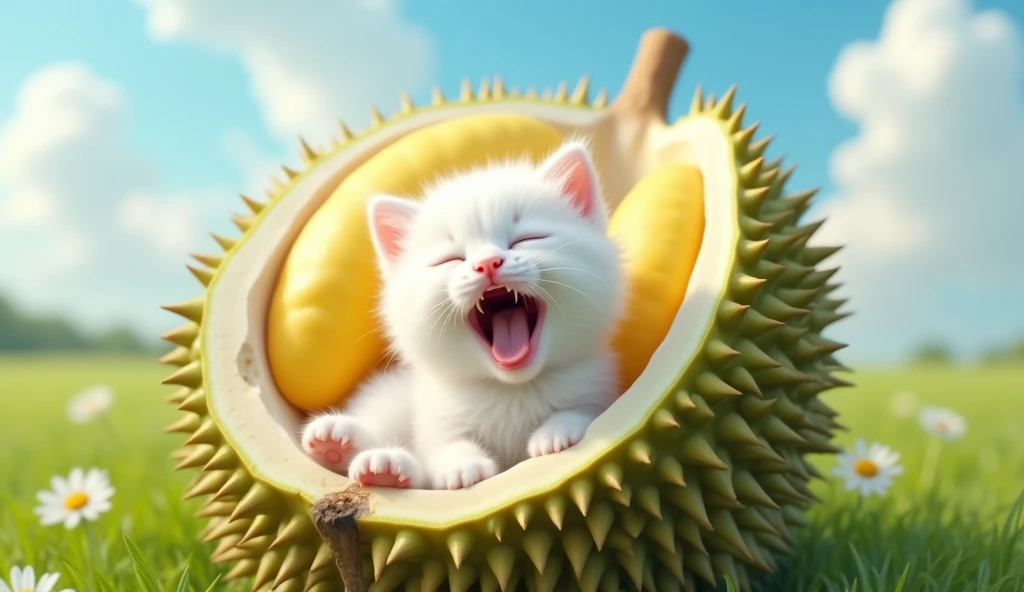 create realistic photos A white kitten with soft fur is sitting inside a large durian that has been cut open at the top. The kitten is yawning widely, revealing its tiny teeth and pink tongue. Its eyes are slightly closed as if enjoying the fresh air. The durian it is sitting in looks fresh, with yellow flesh and white seeds clearly visible around it. The background shows a natural landscape with a wide expanse of green grass and a bright blue sky with a few soft white clouds, creating a pleasant summer atmosphere."
