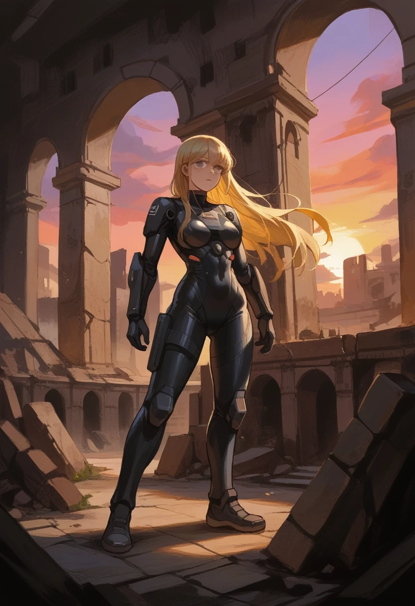 score_9, score_8_up, score_7_up, score_6_up, score_5_up, score_4_up, masterpiece, best quality, source_アニメ,2d、flat、1girl, A girl in a black pilot suit、Blonde、Straight Hair、freckles、Long Hair、ruins、Sunset