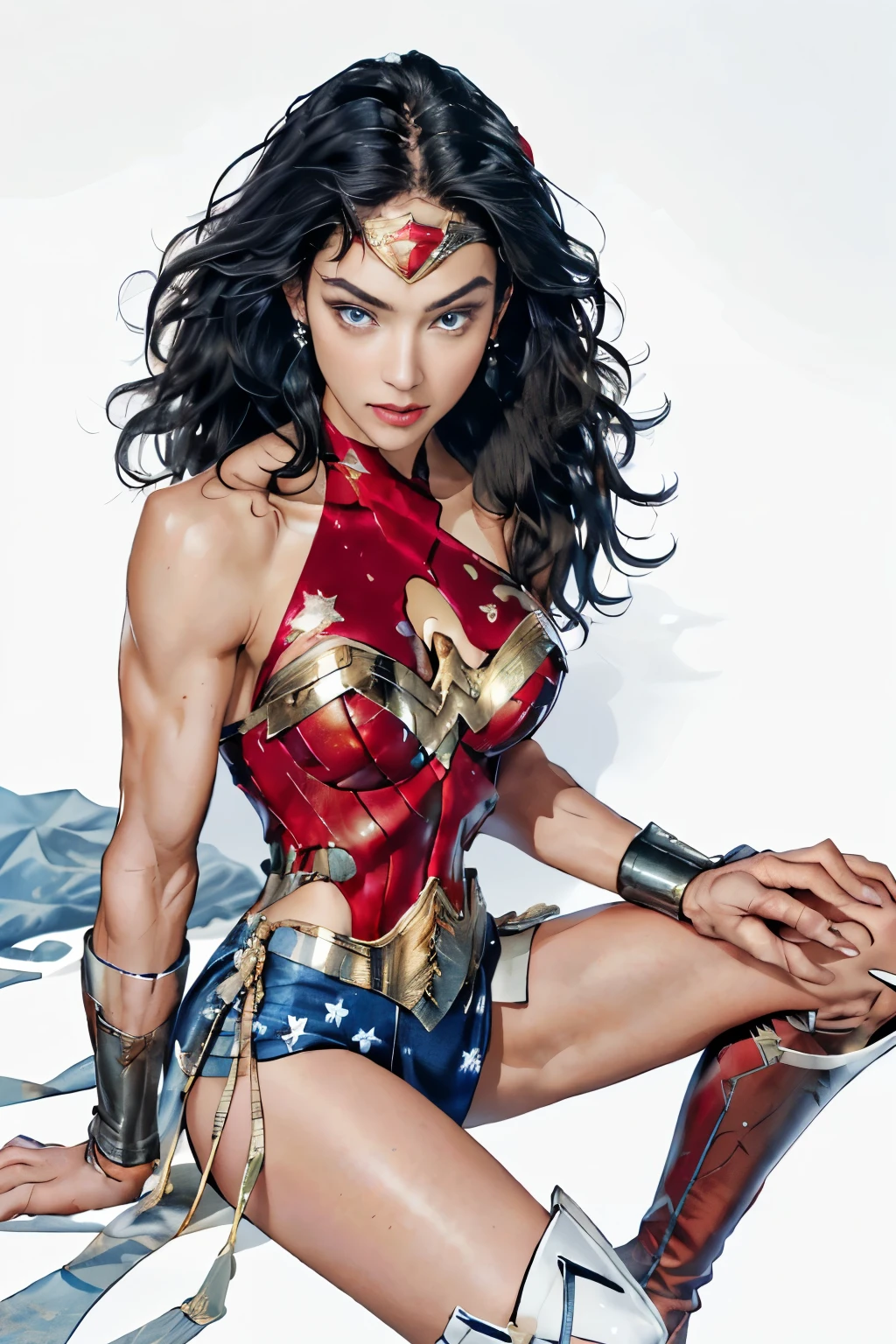 ((((Dramatic))), (((grittiness))), (((intense))) The movie poster features a Wonder Woman as the central character。She stands confidently in the center of the poster, Wonder Woman, (intricate detailed, makeup), (detailed beautiful delicate face, detailed beautiful delicate eyes, a face of perfect proportion), (Glossy skin: 1.0), fine detailed skin, strong and realistic blue eyes, realistic black hair, ((long wavy hair:1.3)), lips, makeup, natural skin texture, tiara, (red and gold bustier:1.2), blue leotard with white stars, silver bracelets, ((Red knee high boots:1.2)), golden belt, (Wonder Woman clothing:1.0), (bare shoulder:1.2), ((light tanned skin:0.8)), mature, Sexy, elastic muscles, (muscular: 1.2), ((strong and healthy body)), ((((the more) muscular))), Long leg, curved, (Big breasts: 1.3), cleavage, rib, thin waists, soft waist, (fine detailed skin), (beautiful and sexy woman), (swollen lips: 0.9), (eyelash: 1.2), very delicate muscles, perfect body figure, perfect anatomy, perfect details, perfect fingers, perfect limbs, (The Perfect Hand:1.4),。The text is bold and attention-grabbing,With catchy slogans。The color palette is dominated by soft light,Dotted with bright colors,Make your poster dynamic and visually striking, (Magazines:1.3), (cover-style:1.3), Fashioner-Lab, girls, lively, clothed, posing in, rich colorful,Background with,heroic elements,self-assured,Expressing the,halter,statement,attachment,masterpiece,coil,touching,Scenes,SMS,The cover of,boldness,attention-grabbing,show nipples, show vagina, squirt vagina, wet body.
