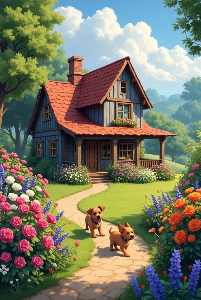 House with flowers dogs etc.