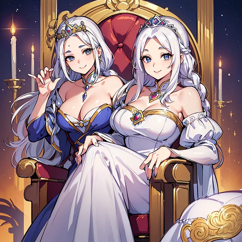 (((Solo)))、Highest quality, Best Quality、middle ages、(((白いGorgeous dress))、(Mature Woman、Mother、40 years old)、(White Hair、Middle Reason、Does not touch the forehead、Dumpling、Braid)、(smile)、(princess、Queen of the West)、(Gorgeous dress、Shoulder)、tiara、(Sit in a luxurious castle chair)