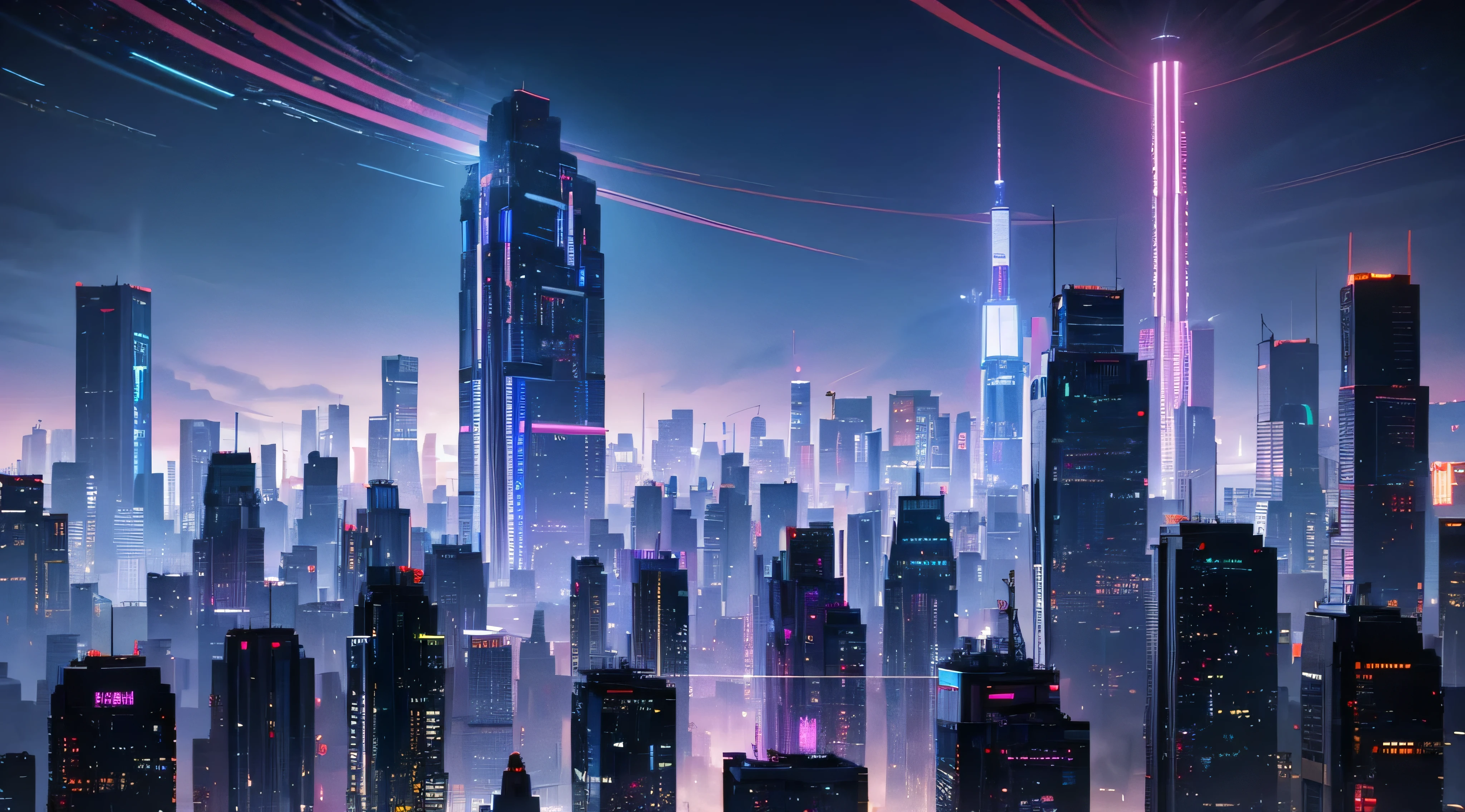 Skyscrapers towering over the flat land、夜のcyber punkシティ,Neon Light,(cyber punk:1.2),(super high quality:1.3),masterpiece,(High definition),HDR,8k,Full CG