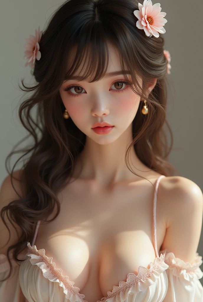 Sex : Female
Body : Has an alluring body, curvy, and has a bit of muscles.
Appearance/Face : Has long brown hair with bangs. Dark brown eyes. Pale skinned. Pouty lips. Doll-Like appearance.
Race : Asian
Clothing Preference : Usually Wears anything with frills and or lace. 
