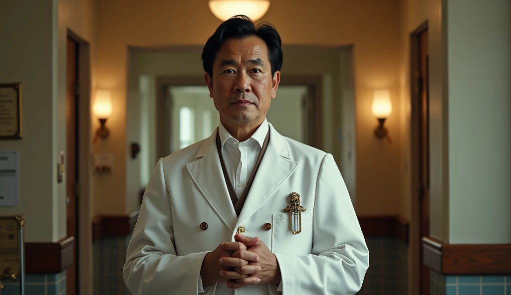 A portrait of a middle-aged man with a gentle face and jet-black hair, dressed in crisp 19th century medical attire, stands confidently in front of a hospital room door, his hands clasped together as he gazes intently at the chart in front of him, the warm lighting of the hospital hallway casting a soft glow on his features. Steam punk