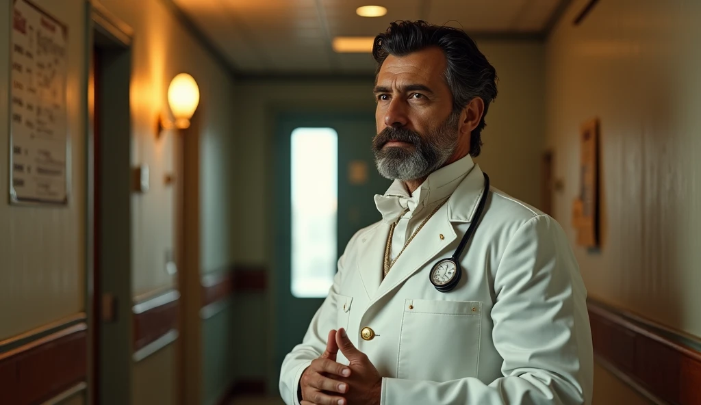A portrait of a middle-aged man with a gentle face and jet-black hair, dressed in crisp 19th century medical attire, stands confidently in front of a hospital room door, his hands clasped together as he gazes intently at the chart in front of him, the warm lighting of the hospital hallway casting a soft glow on his features. Steam punk