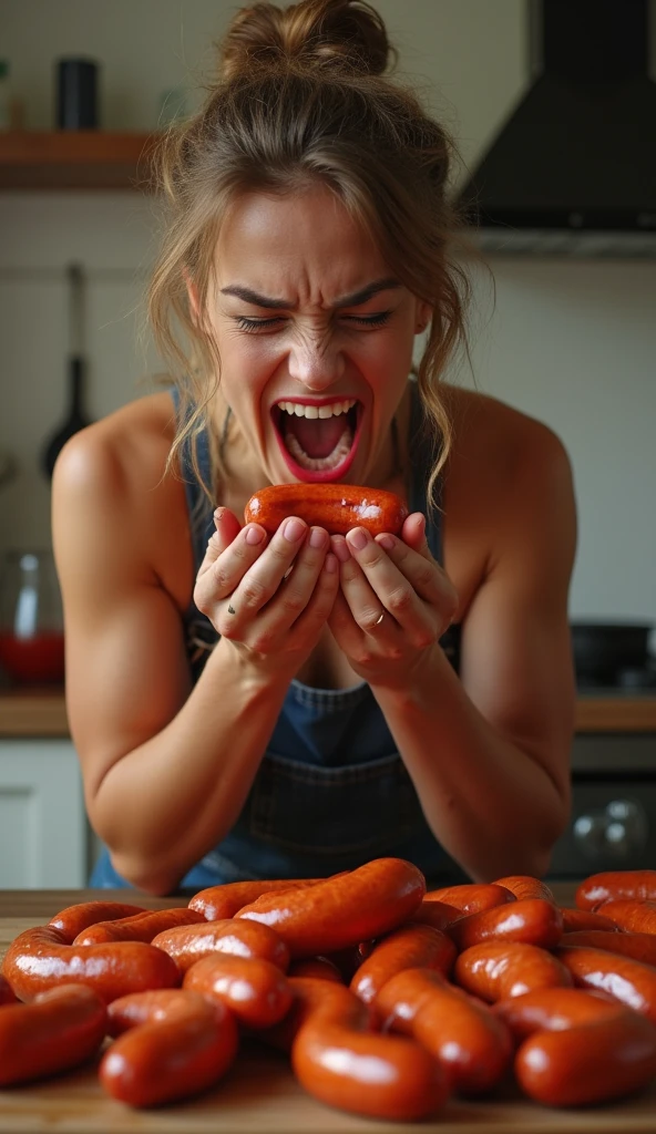 put sausage in mouth,orgasm painful expression,Heaps of sausages in both hands,muscular   woman Eating penis shaped sausage 　battle contest,in kitchen stadium,