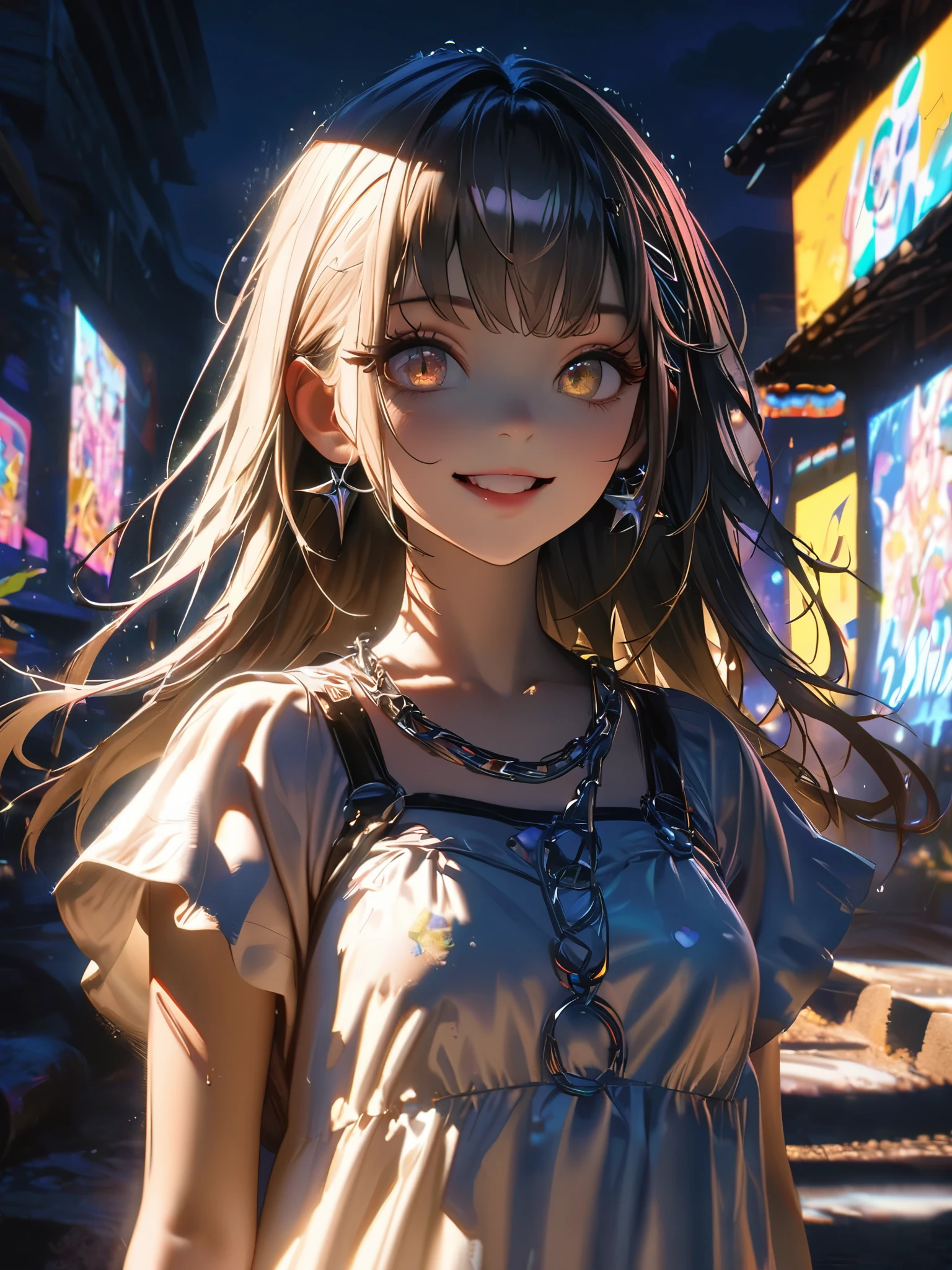 1 person, chromatic aberration, Written boundary depth, Soft Light, masterpiece, Highest quality, complicated, Tone Mapping, A place where fireworks are set off at festivals. Concept Art, Smooth, Clear focus, Dramatic lighting, Very cinematic, super practical painting, アートステーション's trending, 8k, Incredible Shadows, practical, whole body, View, Viewers, Portrait of a Girl 1, standing on street corner, Heavy rain and lightning、Dark Sky, neon and cyber punk background, she is dressed in punk clothing with silver chains and silver spikes, Her hair was dyed light brown.....................Ominous aura of light, smile, punk, ciber punk, Backlight.Fashionable clothes、Friendly dress code: wearing cute white dress.My breasts are a little big