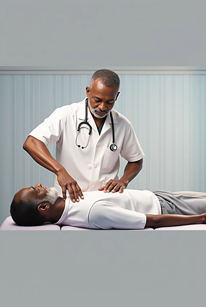 NSFW, Photo brute 6k, Meilleure qualité, chef-d'œuvre, ultra haute résolution, grain de , film, 1 médecin africain, 1 homme âgé africain allongé sur le ventre , le medinc fait un massa au dos à l'homme âgée qui est allongé sur une table de massage dans une pièce d'hospitalisation, le médecin a un stéthoscope au cou, habillé en blouse de docteur, l'homme âgée habillé normalement