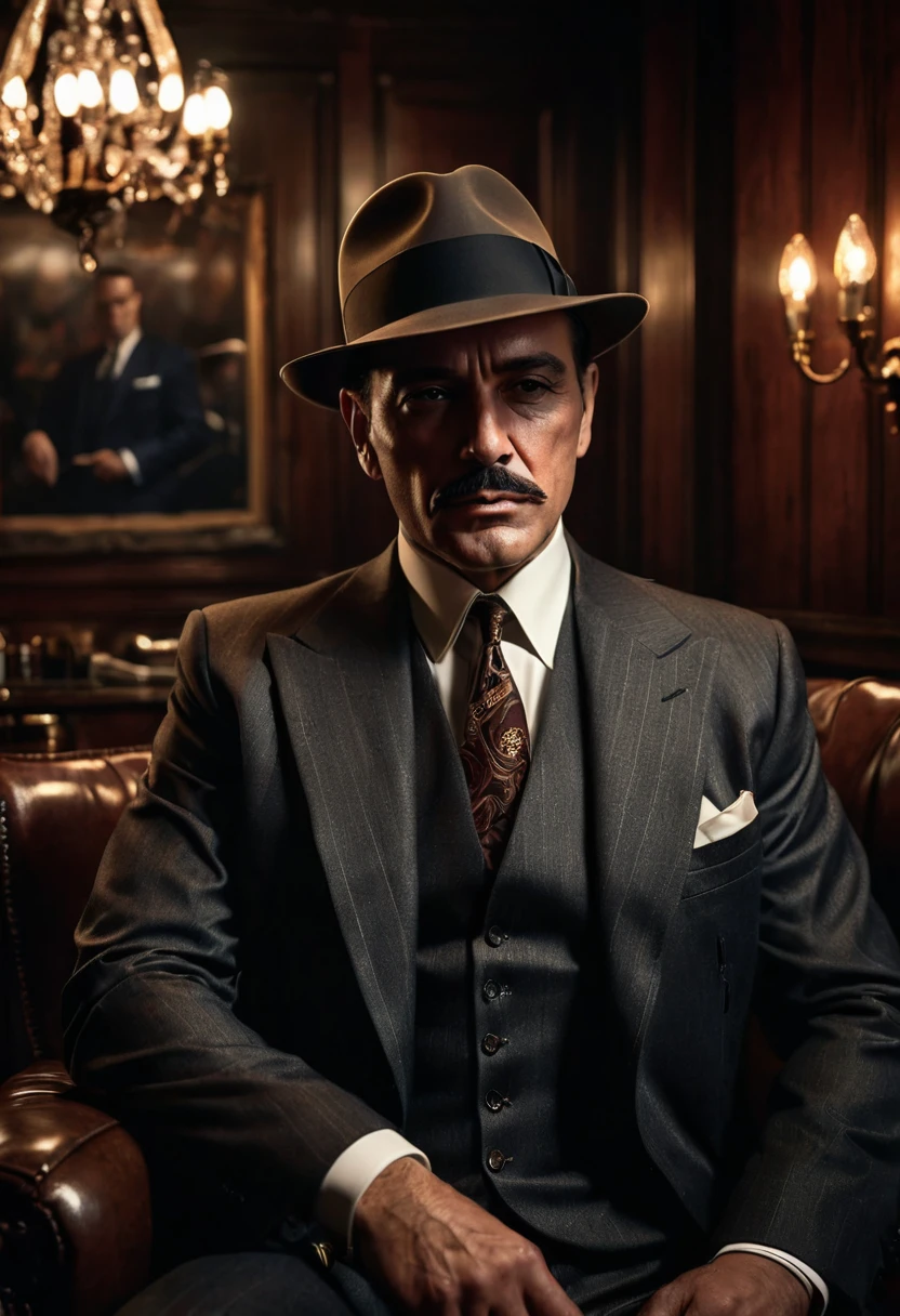 a 1930s American mafia boss, cigar in mouth, sitting in a dimly lit room, (best quality,4k,8k,highres,masterpiece:1.2),ultra-detailed,(realistic,photorealistic,photo-realistic:1.37),dramatic lighting,chiaroscuro,moody atmosphere,cinematic composition,detailed facial features,expressive eyes,strong jawline,tailored suit,fedora hat,brooding expression,cigar smoke,dark wood paneling,ornate decor,chandelier,film noir style