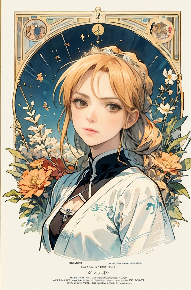 ((master piece)), (best quality), (cinematic),  art nouveau watercolor , Floral_background, Intricate designs and patterns in the style of Alphonse Mucha，Artoria Pendragon，Fate/stay night