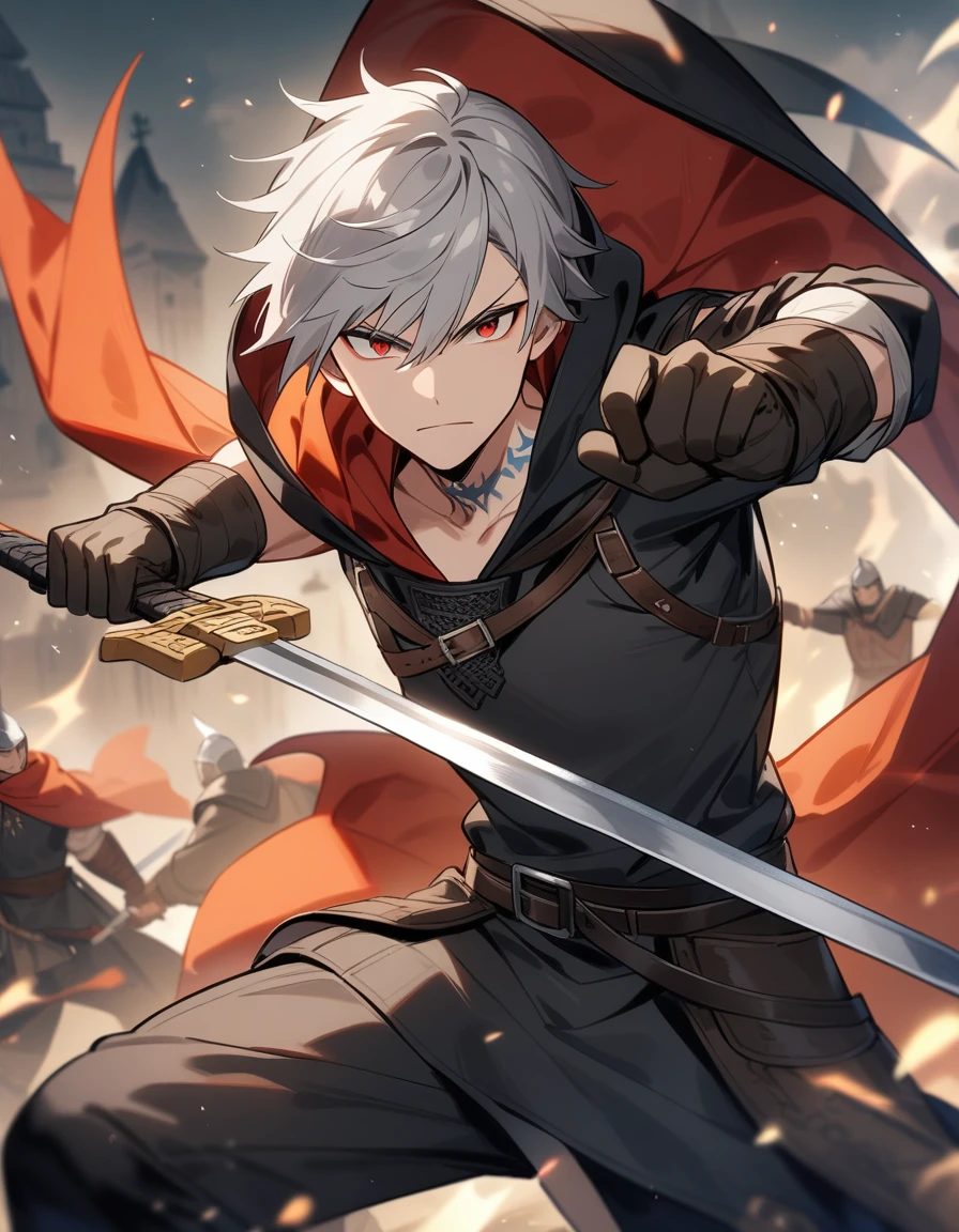Short grey hair、Red Eye、A fearless face、Black clothing with leather hood、Wearing gloves、Light blue tattoo of ancient characters on neck boy、Holding two medieval swords、Swordsman、combat style