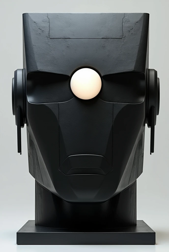 Make a sculpture of a square black robot head, with 1 white eye in the middle, futuristic, in the style of the Olmec Head, Colossal, HD, great detail, from the front