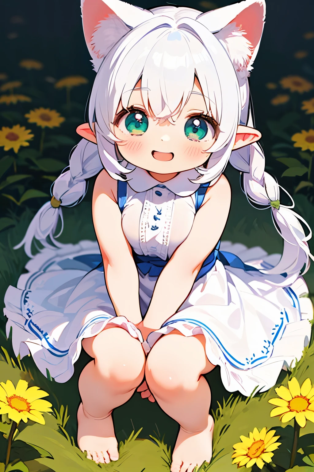 anime、pastel、Cute Asian ???、Small child、、Very short、Baby Face、Laughing with your mouth open、Happy smile、Showing teeth、Double teeth、Indigo and white hair color、braided semi-long、Flower Hair Ornaments、Small animal ears、drooping ears、Fluffy animal tails、Blue and green eyes、Odd Eye、Cute eyes、Wide open eyes、Light in your eyes、Cheeky cheeks、White sleeveless skirt、Pure white dress、Skirts with ruffles、Floral embroidery、Put your arm out、Put your feet up、Plump thighs、Cute Girlfriend、happy、really like、Frolic innocently、Heart on screen、Pear-shaped、Enormous Breasts(Huge breasts:1.25)、The light shines through、barefoot、Flower Field