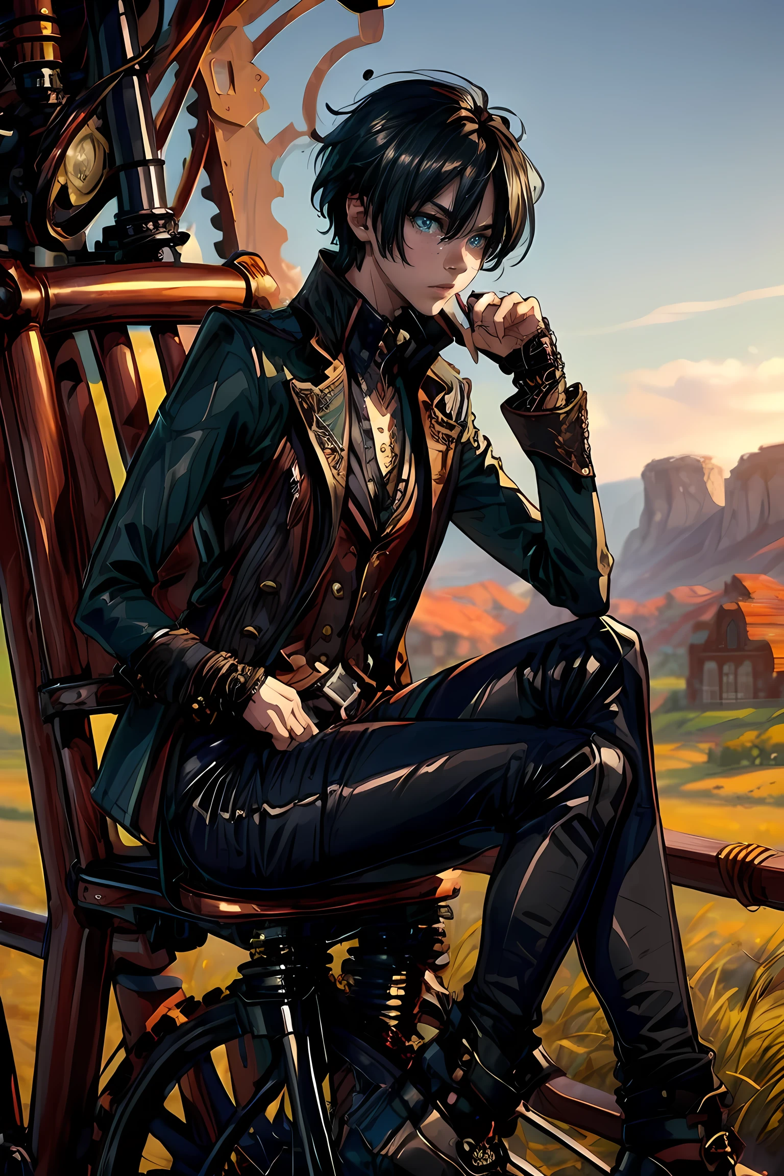 masterpiece, best quality, detailed, (1boy), handsome, toned physique, black hair, short hair, black attire, steampunk, gothic, green eyes, mechanical vehicle, meadows, sundown, beautiful scenery, peaceful, sitting on a steampunk bike, smoking, 3D Western Anime Style,