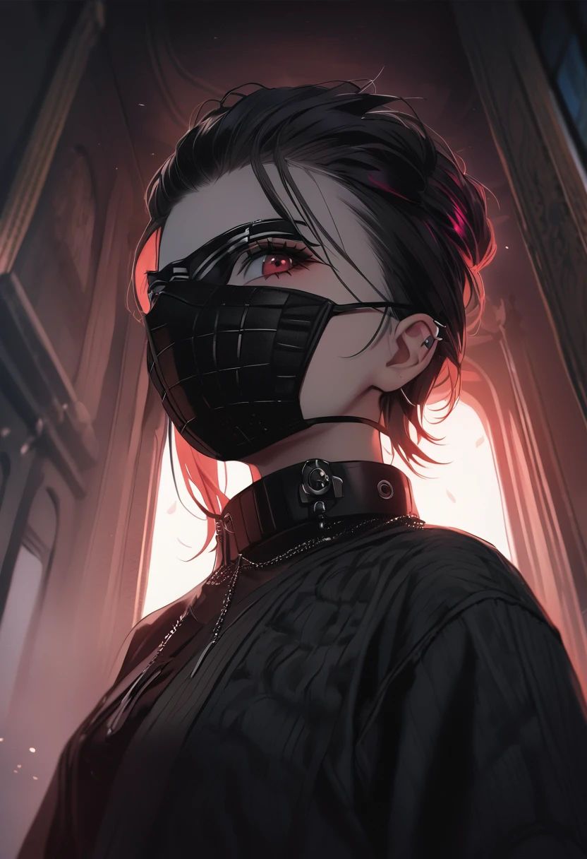 Highest quality、8k、masterpiece:1.3、Gothic Punk、The inside color is red、Black-haired、hair ornaments、Beautiful girl、creative、Dark Fantasy Style、Neogoth、Goth Fashion:1.2、High resolution、masterpiece、Highest quality、頭w:1.3、((Hasselblad Photos))、Fine skin、Sharp focus、(Cinematic lighting)、Realistic textured hair、((Black Mask)),Whole Body Ezbian、((View from below))