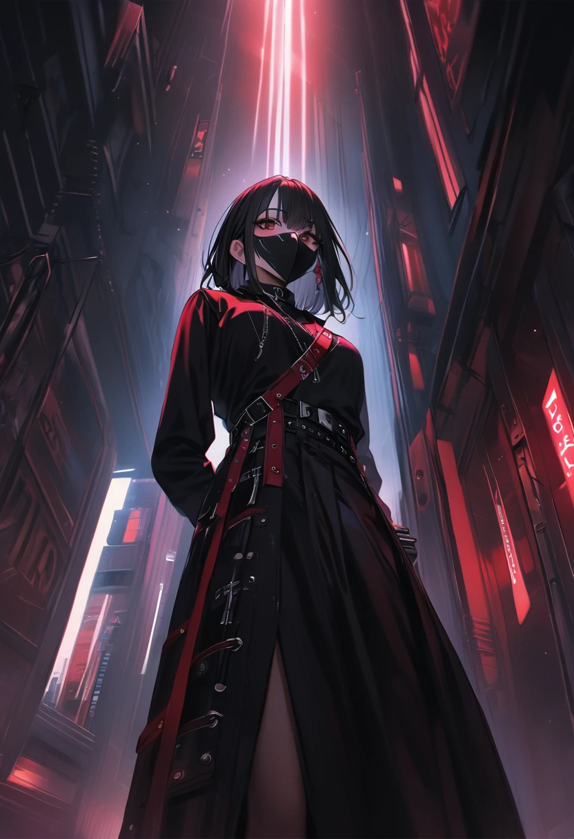 Highest quality、8k、masterpiece:1.3、Gothic Punk、The inside color is red、Black-haired、hair ornaments、Beautiful girl、creative、Dark Fantasy Style、Neogoth、Goth Fashion:1.2、High resolution、masterpiece、Highest quality、頭w:1.3、((Hasselblad Photos))、Fine skin、Sharp focus、(Cinematic lighting)、Realistic textured hair、((Black Mask)),Whole Body Ezbian、((View from below))