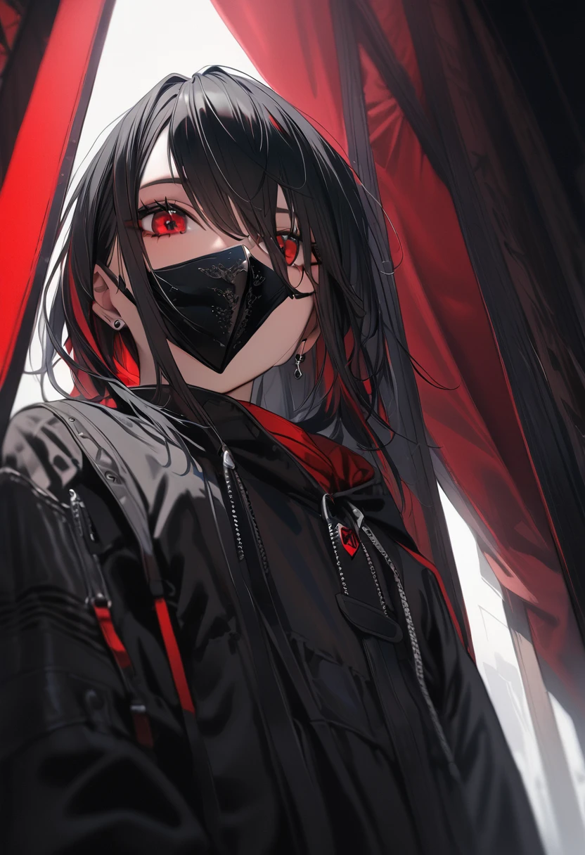 Highest quality、8k、masterpiece:1.3、Gothic Punk、The inside color is red、Black-haired、hair ornaments、Beautiful girl、creative、Dark Fantasy Style、Neogoth、Goth Fashion:1.2、High resolution、masterpiece、Highest quality、頭w:1.3、((Hasselblad Photos))、Fine skin、Sharp focus、(Cinematic lighting)、Realistic textured hair、((Black Mask)),Whole Body Ezbian、((View from below))