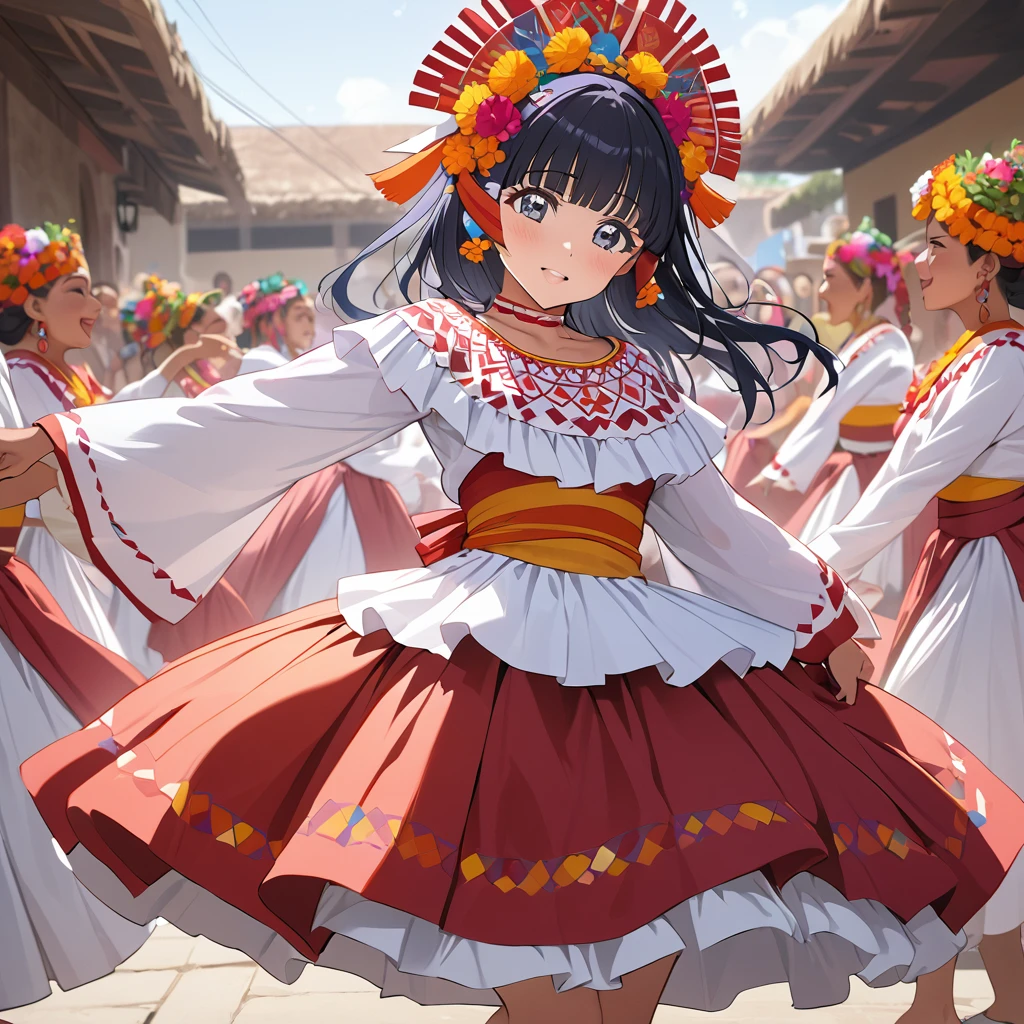 ((Highest quality)), ((masterpiece)), (detailed), (Perfect Face)、The woman is Reika Aoki with semi-long hair、A woman is dancing in a Guelaguetza costume in Guelaguetza, Mexico