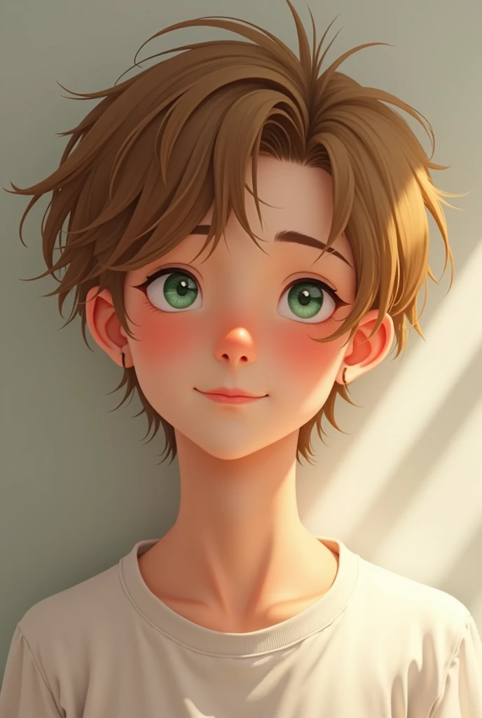 Male teenager with short wavy golden brown hair and light green eyes