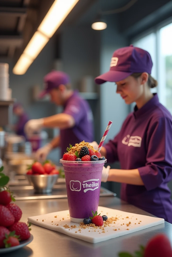 create a realistic kitchen team with uniform with store name in theikos açaí store preparing açaí cup 18k