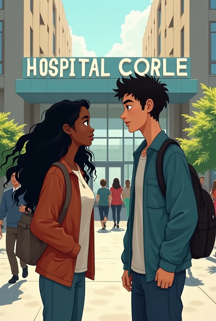 A long-haired black woman and a college boy bump shoulders into each other in front of a hospital. The two look at each other and have puzzled expressions.