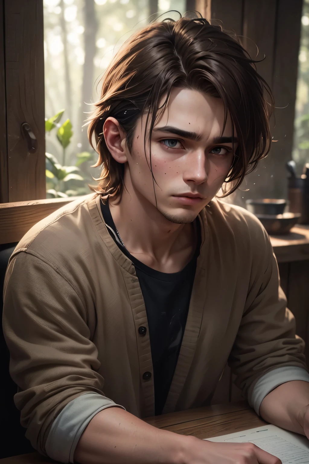 a 2 sad boy with brown mullet hairstyle, sad and depressed and tired expression, wearing simple brown black and white clothes, portrait in a lost cabin in a forest, wild nature, (best quality,4k,8k,highres,masterpiece:1.2),ultra-detailed,(realistic,photorealistic,photo-realistic:1.37),HDR,UHD,studio lighting,ultra-fine painting,sharp focus,physically-based rendering,extreme detail description,professional,vivid colors,bokeh