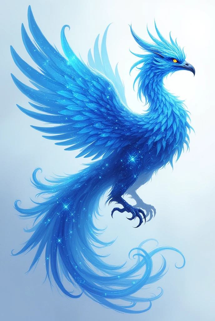 blue fantasy phoenix with full body and no background, FULL IMAGE PLEASE INCLUDE WHOLE BODY INCLUDING THE WINGS, flying side ward. make it like a fantasy phoenix like its a magical creature , MORE MAGIC, MORE EXTREMELY MAGICAL