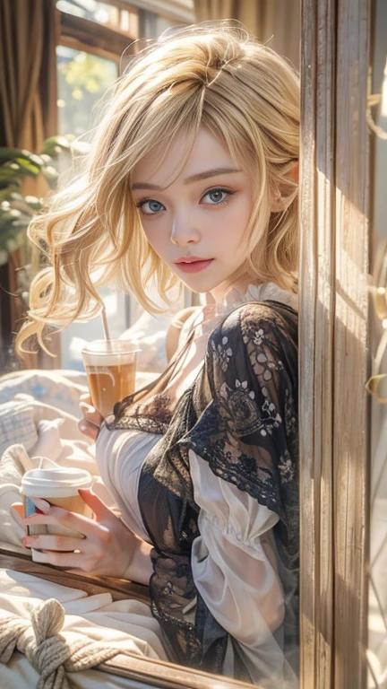 (masterpiece: 1.2, Portraiture, Highest quality), Realistic, (Live Action, Intricate details, Written boundary depth), Highest quality, masterpiece, Attention to detail, semi-Realistic, 朝にDrink coffee , shy, 2, Short blonde, blue eyes, blonde、 Slim figure、Shoulder Bare、Basking in the morning sun、Wearing a negligee and white panties, The morning light shines through the gap in the curtains, I only wear white underwear under my nightgown, Drink coffee